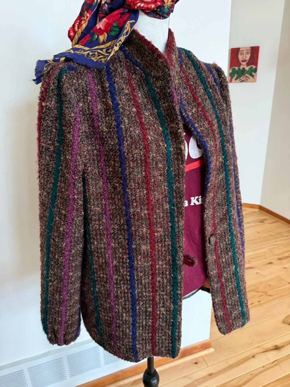 Grandma core Textured Striped Bouclé Jacket with Jewel-Tone Scarf - Picture 4 of 10